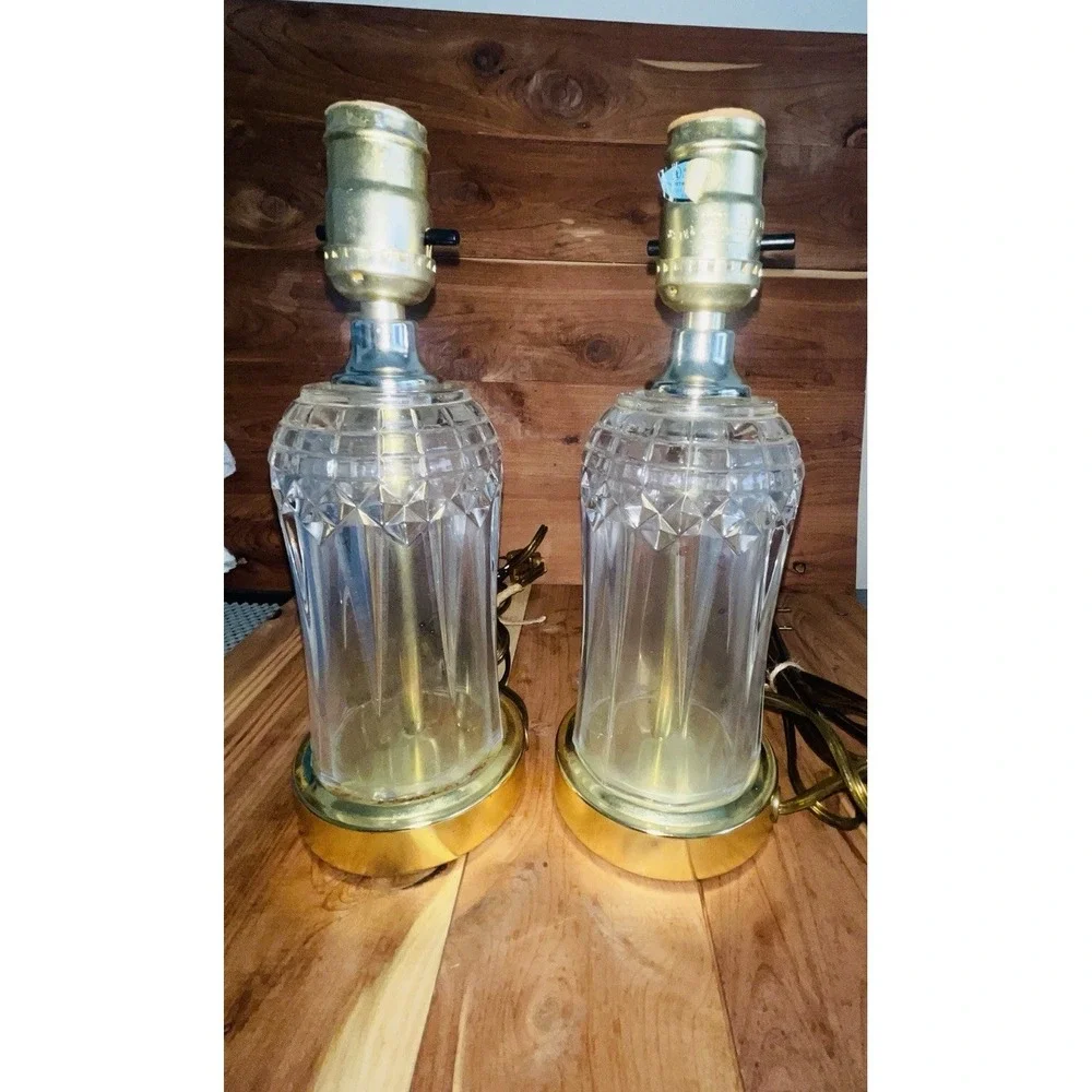 Pair VTG Mid Century Cut Glass Table Lamps Brass Base Hollywood Regency NO SHADE